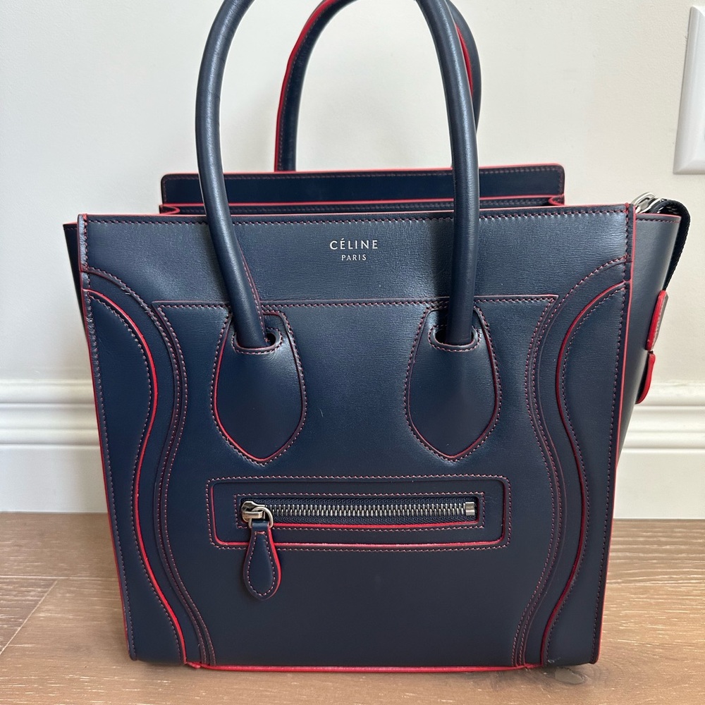 Celine Authentic Luggage Micro Leather Tote in Navy and Red